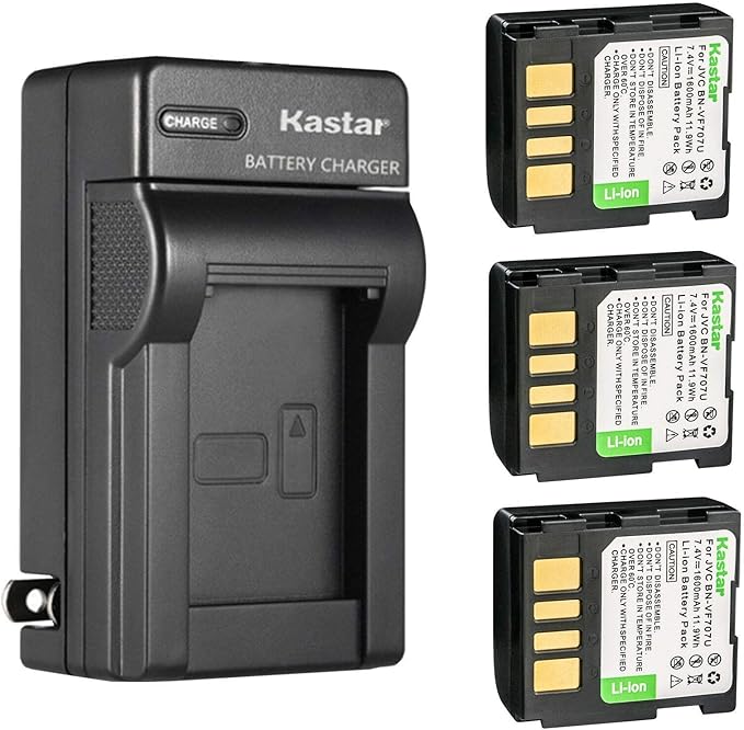 Kastar 3-Pack BN-VF707U Battery and AC Wall Charger Replacement for JVC BN-VF707U BN-VF707UE BN-VF707US BN-VF714U BN-VF714UE BN-VF714US BN-VF733U BN-VF733UE BN-VF733US Battery, AA-VF7 AA-VF7U Charger