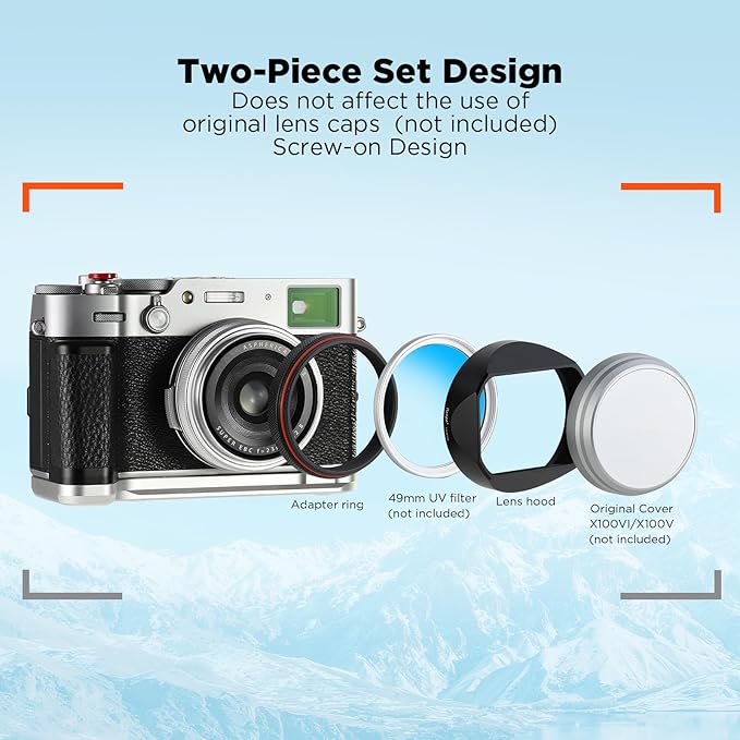 Haoge LH-X54B Square Metal Lens Hood with 49mm Adapter Ring for Fujifilm X100VI Fuji X100V Camera Black