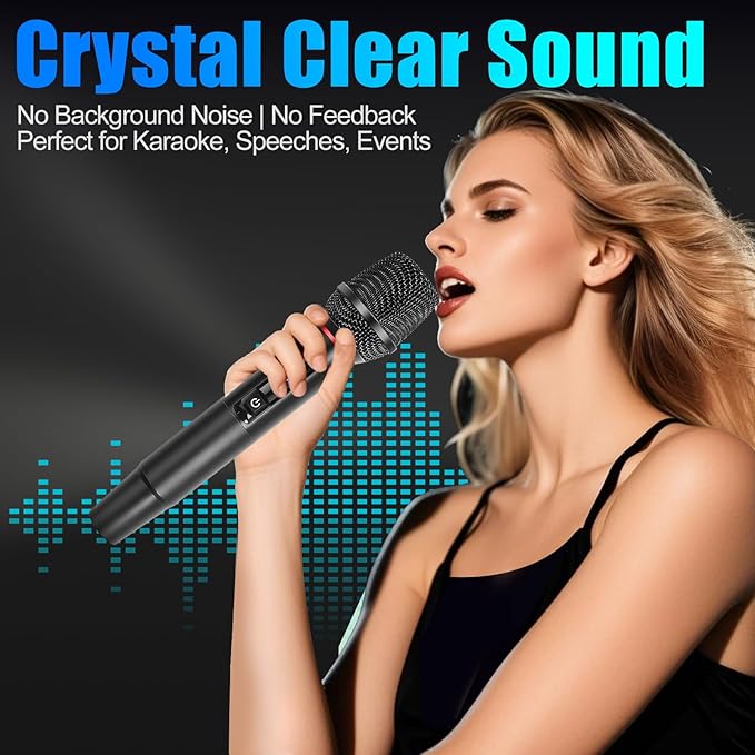 Dual UHF Wireless Microphone System 2 Packs – Metal Mics with Rechargeable Receiver, 15-Channel Interference-Free Audio, Plug & Play for PA Systems, Speakers, Parties, DJs, Weddings & Church