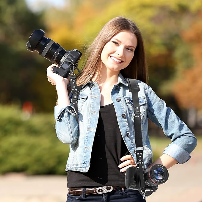 Bebaimis Dual Camera Harness Strap for Two-Cameras,Dual Shoulder Leather Camera Strap,Double Camera Harness for DSLR/SLR