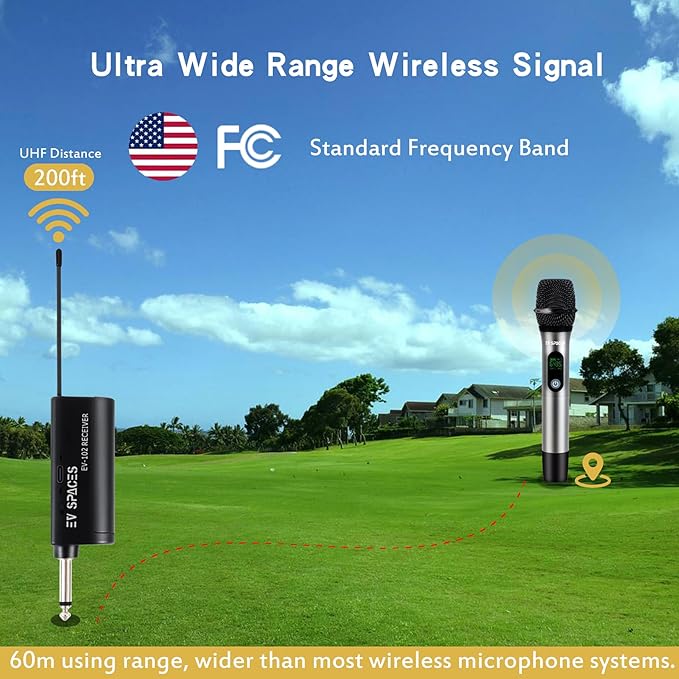 Rechargeable Wireless Microphone System - Dual UHF Metal Handheld Mics for Karaoke, Weddings, Parties, Speeches - Long Range (200ft), Cordless Dynamic Mic Kit, Plug and Play (Single Microphone Set)