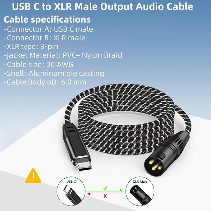 USB C to XLR Cable,16 FT XLR Male to USB C Converter Adapter,USB Type C to XLR Male Output Stereo Cable for Amplifier, Speaker, Mixer Console, etc（No Audio Recording Support）