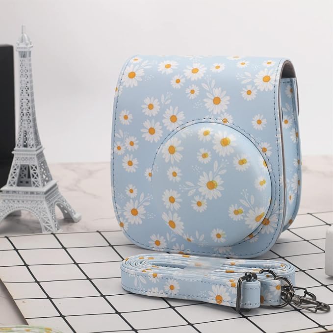 Frankmate Protective Case Compatible with Fujifilm Instax Mini 12 11 9 8 Instant Film Camera with Pocket and Adjustable Strap (Blue Daisy)