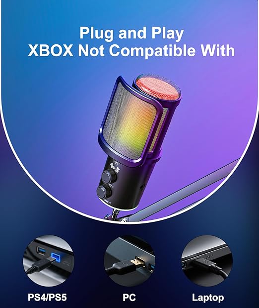 Gaming USB Microphone, Noise Cancellation Condenser Mic with Mute,Boom Arm Mic-Reverb Adjustment, Monitoring for Streaming, Podcasting, Discord, YouTube,PC, Computer, PS4, PS5, Mac