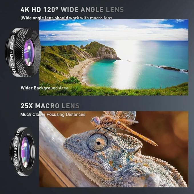 APEXEL 6 in 1 Phone Lens Kit - 22x Telephoto Lens, 205° Fisheye Lens, 120° Wide Angle Lens & 25X Macro Lens(Screwed Together), Compatible with iPhone,Samsung,Pixel