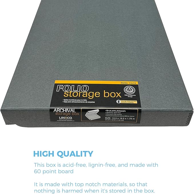 Lineco Folio Storage Box, Clamshell Design with Metal Edge. 13.5x19.5x1.75 Inches, Archival Boxboard, Preserve Photos, Cards, Magazines, Documents, Art, Ephemera, Family Records, Gray, Pack of 2