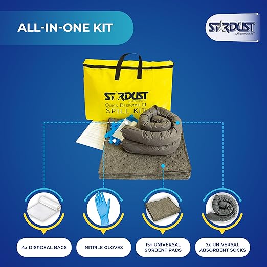 Stardust Spill Products D715 Quick Response II Spill Kit Includes Yellow Duffle, 15 Universal Sorbent Pads, 2 Universal Sorbent Socks 3"x4', 4 Disposal Bags, Nitrile Gloves