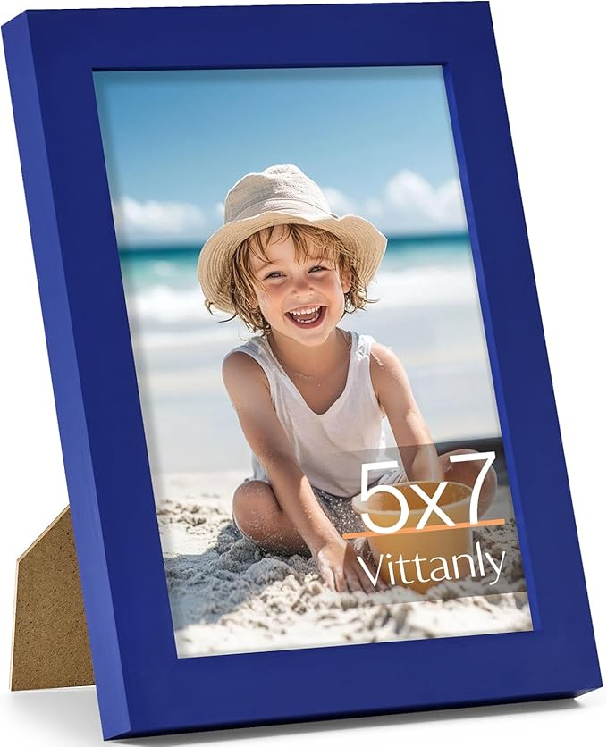 Vittanly 5x7 Picture Frame, Made of Solid Wood and Shatterproof Plexiglass, Wooden Photo Frame for Wall Mounting or Tabletop Display, Picture Frame for Home Decor with Stand, Royal Blue, 1 Pack