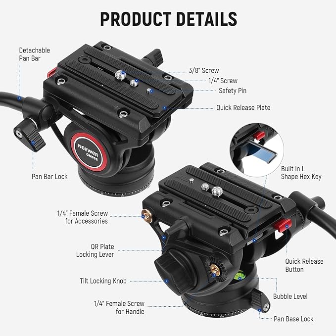 NEEWER Video Tripod Fluid Head with Quick Release Plate, Telescopic Handle & Scaled Base (75mm Dia.) Heavy Duty, Max Load 17.6lb/8kg for Video Cameras and DSLR Cameras