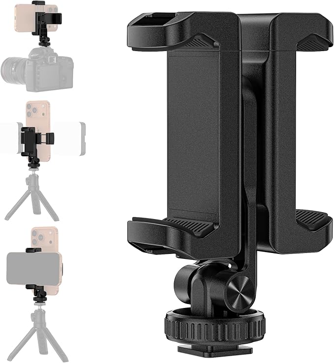 Tripod Phone Mount, Dual Phone Holder with 4 Cold Shoe and 1/4" Screw, 360° Rotates and 180° Tilts Adjustable Cold Shoe Mount for Phone, Camera, Stabilizers, Video, Live Streaming, Vlogging
