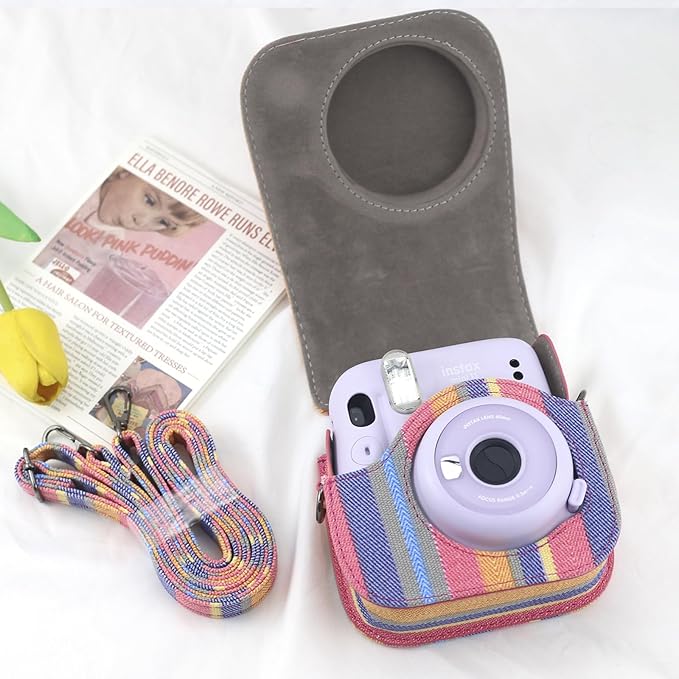 Frankmate Protective Case Fit for Fujifilm Instax Mini 12 11 9 8 Camera, PU Leather Camera Bag with Pocket and Adjustable Shoulder Strap (Color Stripes)