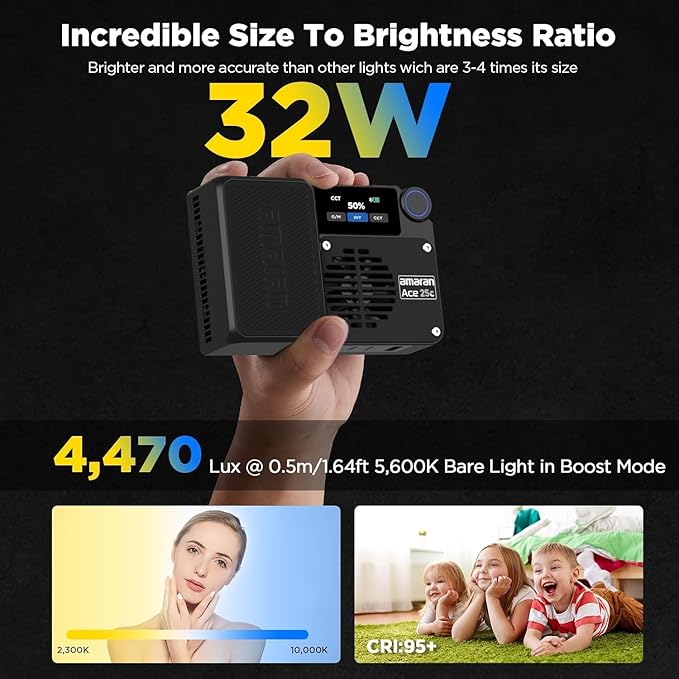 Amaran Ace 25c Kit RGB Video Light,25W On Camera Pocket Video Light CCT 2300k-10000k, 5,908 lux @ 0.5m Illumination,with Rechargeable Battery and PD Charging (White)