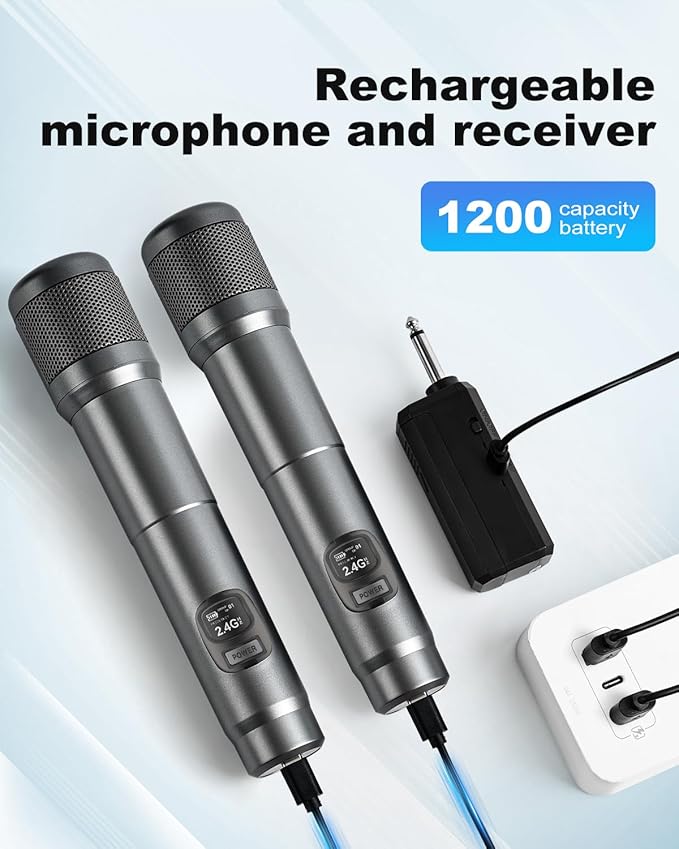 Wireless Microphone, Dual Handheld Dynamic Mic with Rechargeable Receiver, 40H Duration, 200ft Range, Plug and Play, Karaoke Microphone for Singing, Karaoke, Meeting, Church, Wedding
