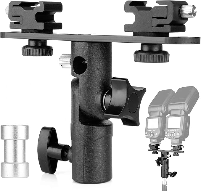 ChromLives Dual Flash Bracket Hot Shoe Speedlight Stand Umbrella Holder Light Stand Bracket Mount 1/4'' to 3/8'' Compatible with Studio Video DSLR Camera Canon Nikon Yongnuo