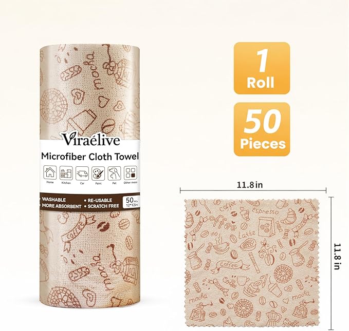 Microfiber Cleaning Cloth Roll, 50-Count Reusable Durable Absorbent Lint-Free Non-Scratch Towels, Dish Rags for Kitchen & Home, Studio, Multi-Purpose, Food Pattern, 12x12 in