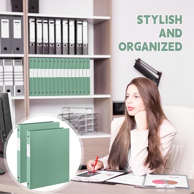 Henoyso 36 Pcs 3 Ring Binder 1/2'' Round Fits Letter Size 8.5'' x 11'' Paper Plastic Flexible Binder Holds 140 Sheets with 1 Pockets Versatile Organizer for Home Office School (Sage Green)