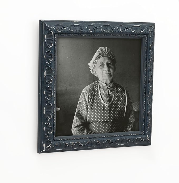 8x8 inch Distressed Wood Embossed Scroll Motif Vintage Antique Rustic Picture Frame, White Mat for 5x5 in Photo, Art Print Drawing, Wall Hanging or Desktop Display-Dark Blue