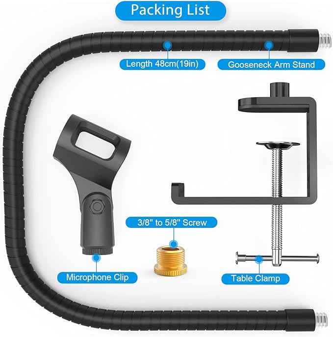 ZealSound Microphone Arm Stand,19 Inch Long Universal Gooseneck Desktop Mic Stand with 3/8" to 5/8" Adapter and Microphone Clip Holder, Upgraded Heavy Duty Desk Clamp for Blue Snowball Ice Mics Spark