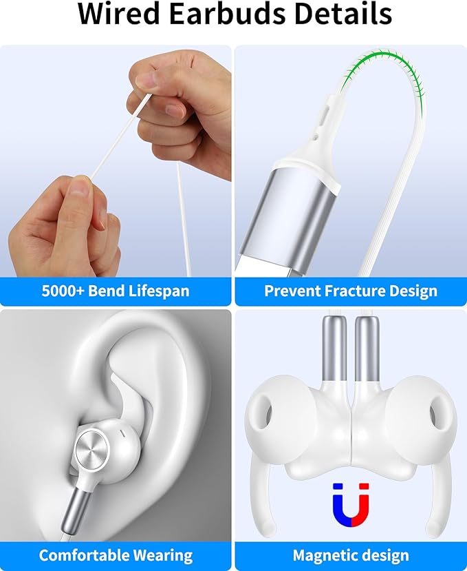 USB Earbuds with Microphone for PC,Wired USB Headphones with Mic& Earfins Hook for Computer Zoom Teams Office,7.5ft Long Noise Canceling Computer Headset for Dell/HP/Chromebook Laptop School,White