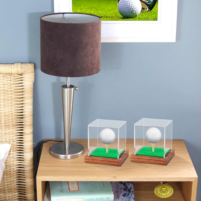 Hooqict 2 Pack Golf Ball Display Case Clear Acrylic Golf Ball Case Display with Wood Base & Tee Ball Holder Stand UV Protected Square Cube Box Golfball Collections