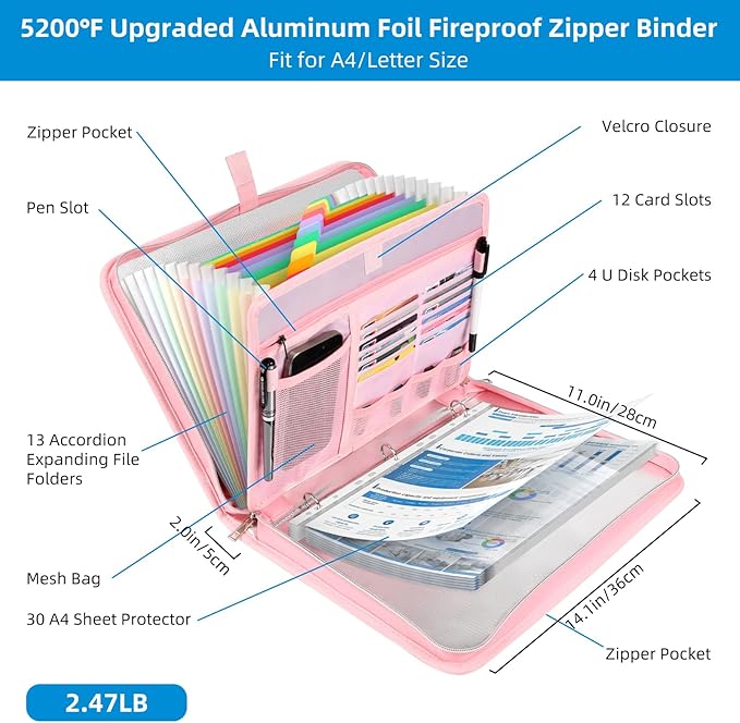5200℉ Fireproof Document Organizer with 13 Accordion Expanding File Folder, Aluminum Foil Zipper Binder with 30 A4/Letter Sheet Protector, Binder for School Office Home Storage (Pink)