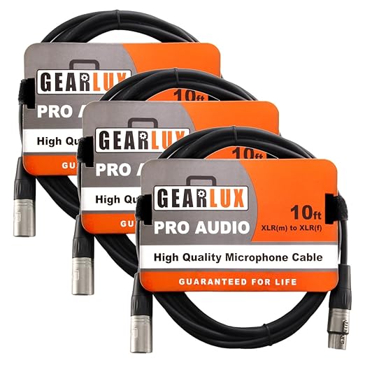 Gearlux XLR Microphone Cable, Fully Balanced, Male to Female, 10 Feet - 3 Pack