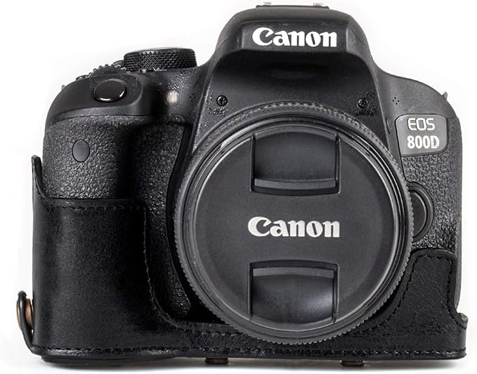 MegaGear MG1192 Ever Ready Genuine Leather Camera Case Compatible with Canon EOS Rebel T8i, Kiss X10i, Rebel T7i, Kiss X9i, 77D, 9000D (18-55mm), Black