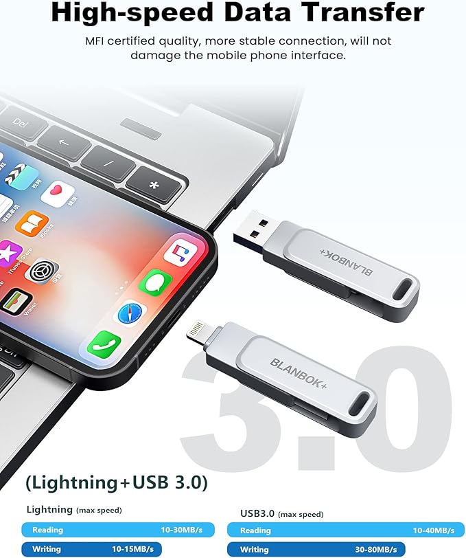 MFi Certified 512GB Flash Drive for iPhone Photo Stick, USB Memory Stick High Speed iPhone Flash Drive, External Memory Storage USB Stick Thumb Drive for iPhone/iPad/Android/PC (Metallic Silver)