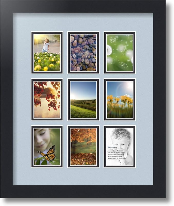 ArtToFrames Collage Photo Frame Double Mat with 9-2.5x3.5 Openings with Satin Black Frame and Baby Blue mat.