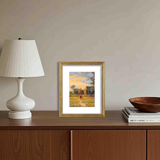 VIOLABBEY 8x10 Matte Gold Picture Frame, Display 5x7 Photo with Mat or 8x10 without Mat, Ornate Vintage 8 x 10 Matte Gold Frame for Wall Decor or Tabletop Display