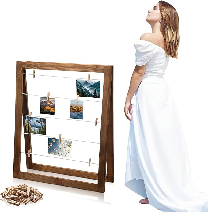 Sintuff Walnut Wood Photo Display Rack with Clips Farmhouse Picture Collage Board Graduation Standing Picture Frame Clothesline Photo Display Stand Decor for Postcard (Flat Edge,29 × 24 Inches)