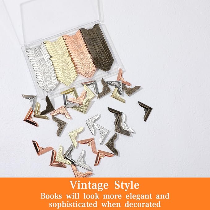 Matwsec 100PCS Metal Book Corners Book Corner Protectors with a Storage Box for Scrapbook Photo Album Notebook Diary Folder Corner Decorative Triangle Carved Frame Angle