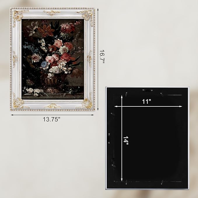 Gothic White 11x14 Vintage Picture Frame with Mat for 8x10 or 11 x 14 Photos, Real Glass, Ornate Victorian Baroque Frames for Wall Hanging