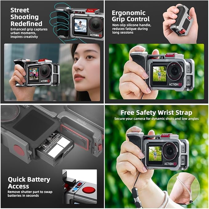 Handle Grip Kit for DJI Action 5 Pro, with Action 5 Pro Cage, Street Photography Quick Release Holder Mount, Shutter Button, Cold Shoe, 1/4 Threaded Hole for Tripod Selfie Stick