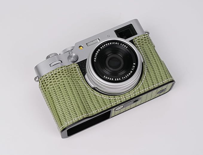Handmade Genuine Leather Camera Half Case for Fujifilm X100VI - Top Layer Cowhide Body + Metal Base Plate - Hand Shank Free Design (Green 1)