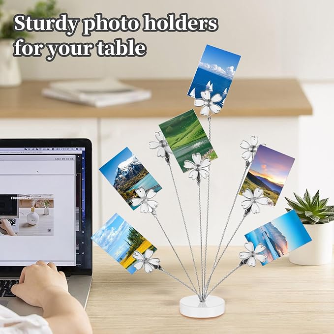 8 Branch Photo Tree Clip, Flexible Photo Frame Stand with Clips for Note Paper Wedding Photo Display Office Decoration (White)