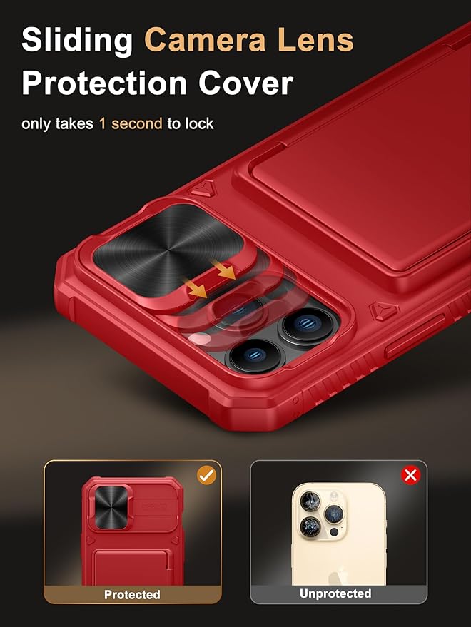 Vihibii for iPhone 13 Pro Max/iPhone 12 Pro Max Case with Card Holder (4 Cards), [RFID Blocking] & Slide Camera Cover & Raised Edges Protect Screen, Heavy Duty Shockproof Wallet Phone Cover, Red