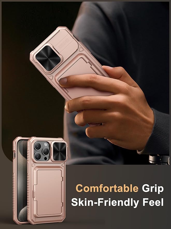 Vihibii for iPhone 15 Pro Max Wallet Case with Card Holder (4 Cards) & Slide Lens Cover & Stand, Shockproof Rugged Hard Back & Raised Edges Protection Case for iPhone 15 Pro Max, 6.7" 2023, Rose Gold