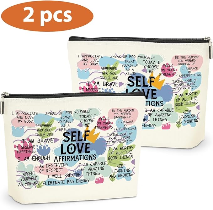 2PCS Positive Affirmations Makeup Bag Self Love Gifts Mental Health Inspirational Gifts for Women Girl Sister the Counselor Coworker Birthday Friendship Graduation Travel Toiletry Cosmetic Bag