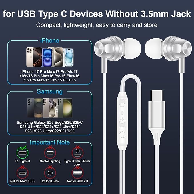 USB C Google Headphones Wired Earbuds for Google Pixel 10 Pro XL,10 Pro Fold,10 Pro,10,9a,9 Pro XL,9,8a,8 Pro,8,7a,7 Pro,7,6a,6 Pro,6,5a,5,4a,4 XL,3, in Ear Type C Pixel 10 Wired Ear Buds Earphones