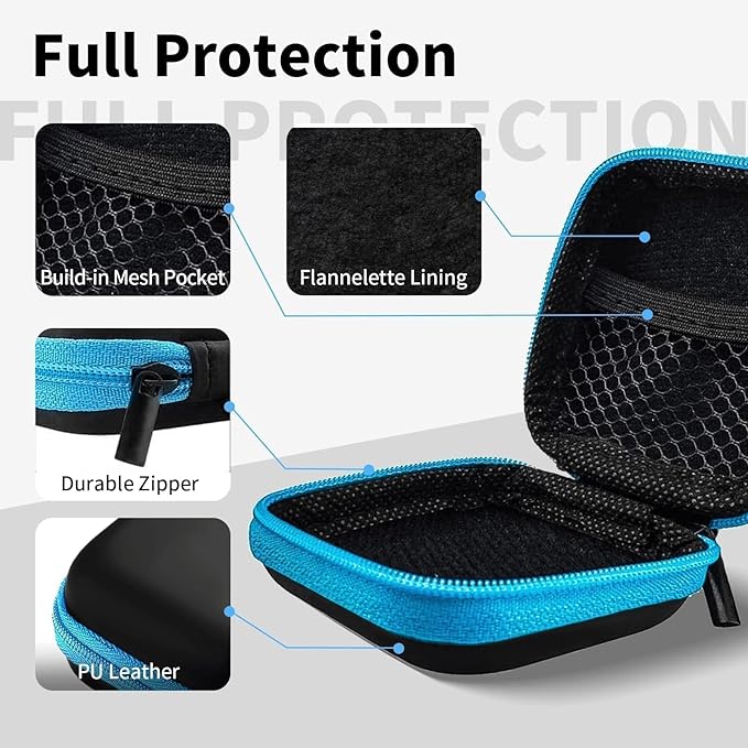 MOLOVA Square Earbud Case Portable EVA Carrying Case Storage Bag Tech Pouch Cell Phone Accessories Organizer with Carabiner for Earphone, Earbud, Earpieces, SD Memory Card, Camera Chips, Blue