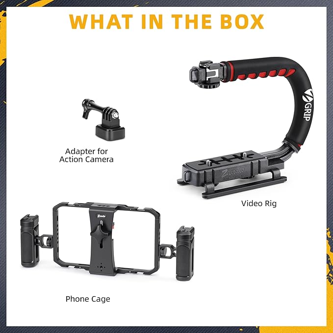 Zeadio Camera Handheld Stabilizer with Aluminum Smartphone Video Cage Rig, Triple Cold-Shoe Handle Grip, Compatible with All Camera Action Camera DSLR Smartphones