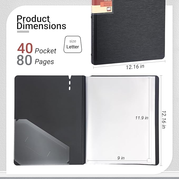 WORPSON Presentation Binder 40-Pocket, Displays 80 Pages, 9x12 inch with Plastic Sleeves, Portfolio Organizer for Documents, Certificates, Artwork, Photos, Clear Sheet Protectors (Black, 2 Pack)