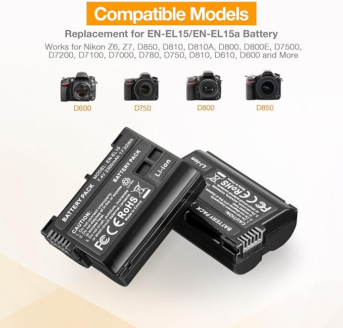 LORDONE EN-EL15C Battery (2-Pack) / EL15a /EL15b and USB Dual Charger Compatible with Nikon Z5,Z5II,Z6III,Z6II, Z6,Z7, Z8, D7500, D500, D7200, D810A,D810,D850 Batteries