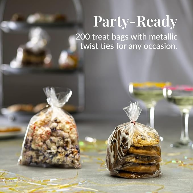Prestee 200 Pack Clear Plastic Cellophane Bags Goodie Bags 6x8 with 4-Inch Twist Ties, Candy Bags, Cookie Bags, Favor Bags with Ties, Clear Gift Bags, Cellophane Bags (Pack of 200)