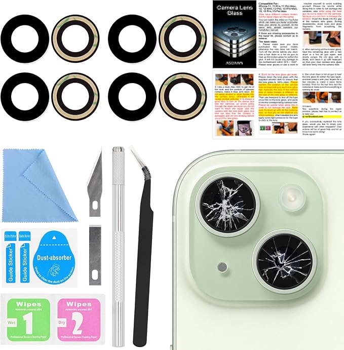 2PCS ASDAWN Back Rear Camera Lens Glass Replacement for iPhone 15 6.1-inch and 15 Plus 6.7-inch with Pre-Installed Adhesive, Back Lens Glass with Installation Manual + Repair Tool Set
