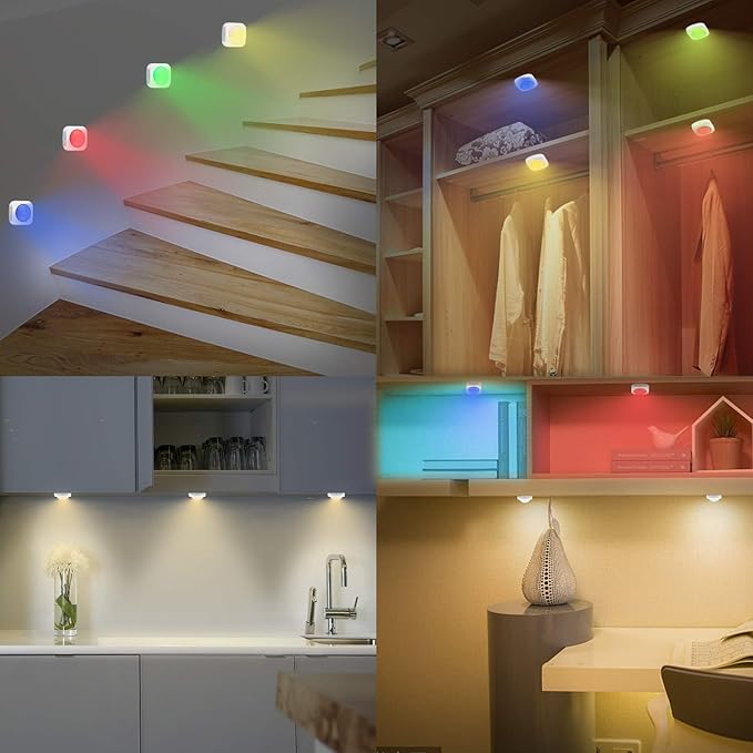 LUXSWAY Battery LED Color Lights, Puck Lights with 2 Remote,Tap Closet Lights, 16 Color Chaning RGB Light Stick to Wall, Under Shelf Lighting -4 Pack