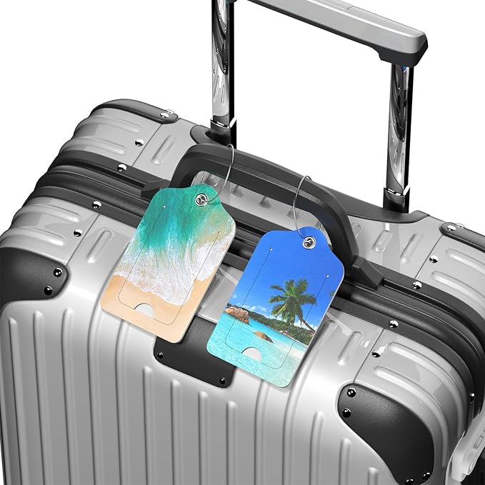 2 Pack PU Leather Luggage Tags for Suitcase, Travel Cruise Luggage Tag with Privacy Flap, Name ID Label and Metal Loop for Women Men Baggage Handbag School Bag Backpack, Beach