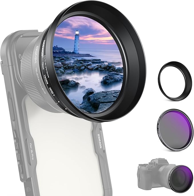 NEEWER 72mm Variable ND Filter with 77mm Lens Hood, ND2-32 Adjustable Neutral Density Filter Compatible with iPhone Android Samsung NEEWER 65mm Telephoto Phone Lens