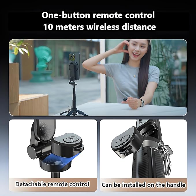 Magnetic Pocket Selfie Stick, 4-in-1 Magnetic Selfie Stick for iPhone with Rechargeable Remote, Portable Extendable Tripod Stand for Home, Travel, Vlogging & Video Recording (Black)